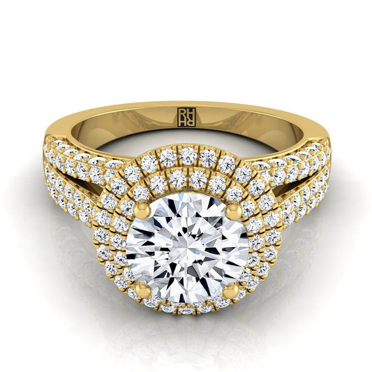 18K Yellow Gold Round Brilliant Extraordinary Three Tier Diamond Halo Crown Engagement Ring -7/8ctw