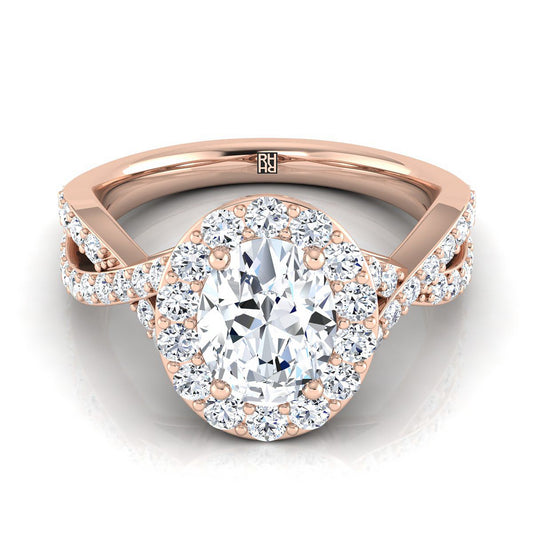 14K Rose Gold Oval Twisted Open Lattice Diamond Halo Engagement Ring -3/4ctw