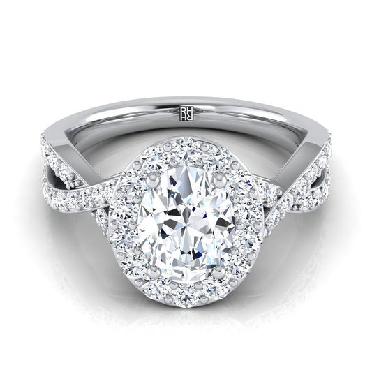 14K White Gold Oval Twisted Open Lattice Diamond Halo Engagement Ring -3/4ctw