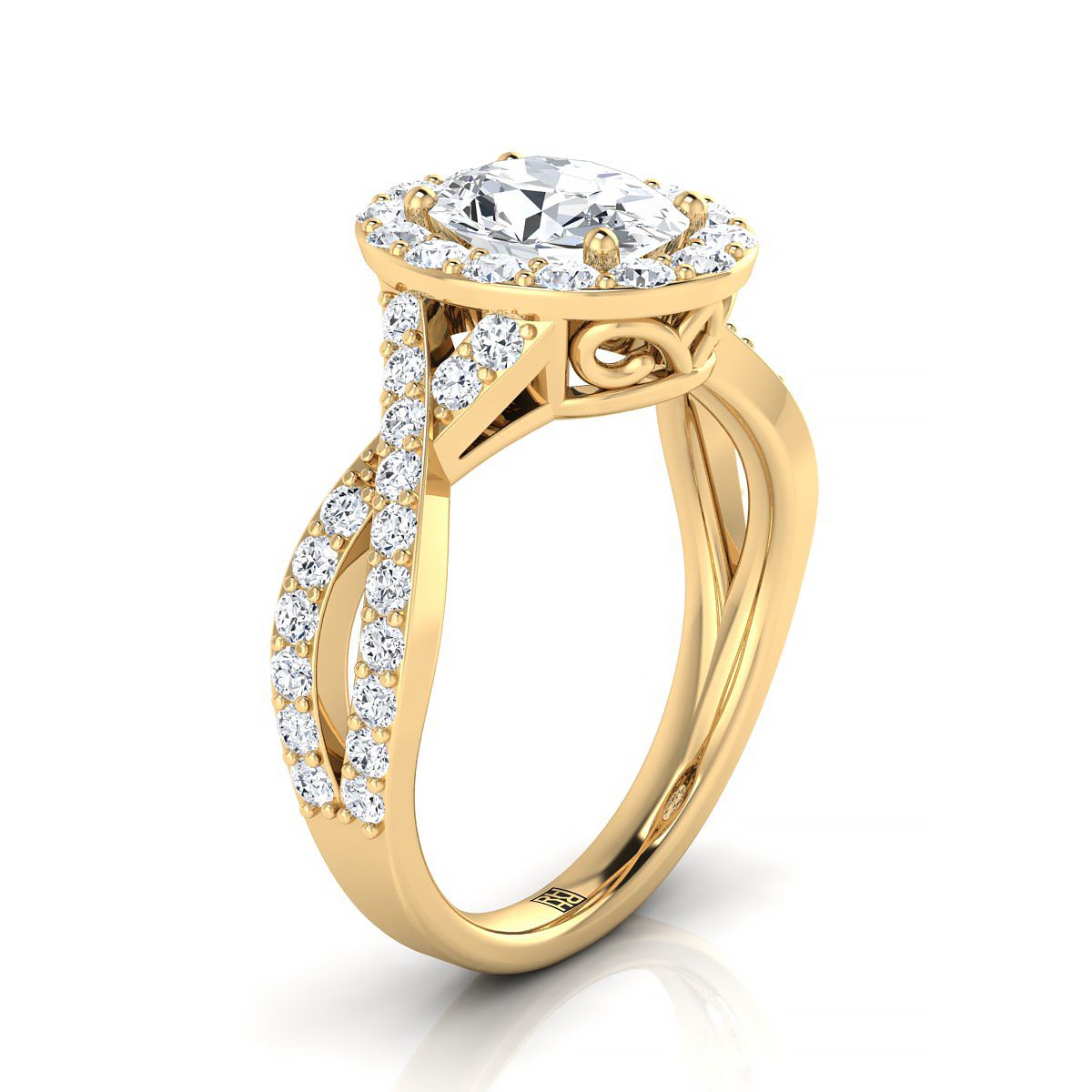 18K Yellow Gold Oval Twisted Open Lattice Diamond Halo Engagement Ring -3/4ctw