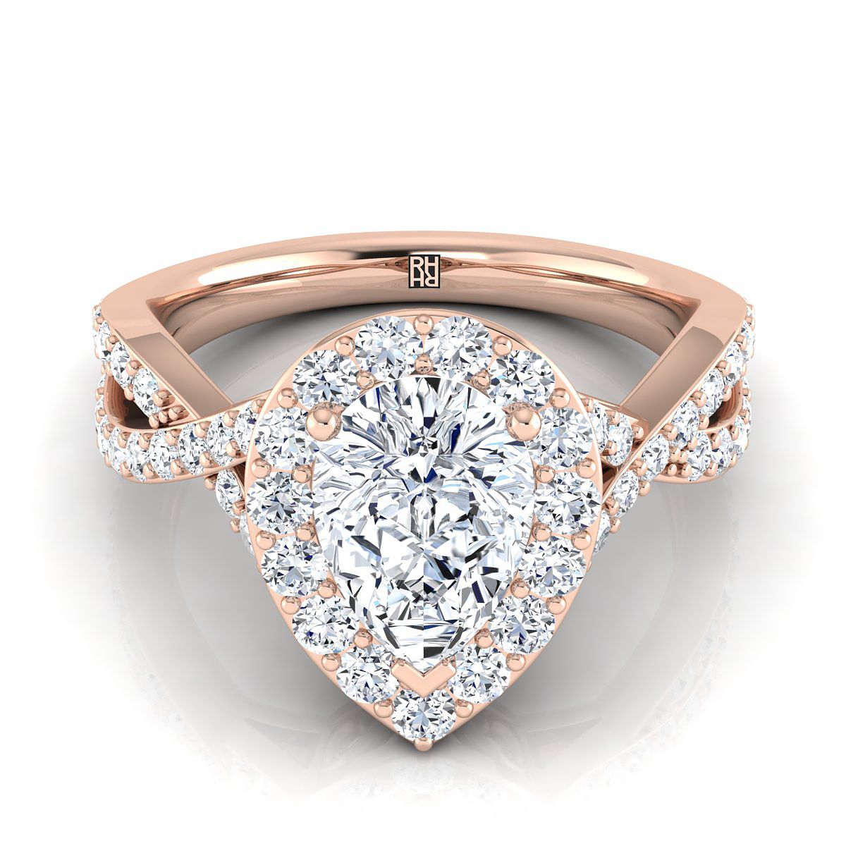 14K Rose Gold Pear Shape Center Twisted Open Lattice Diamond Halo Engagement Ring -3/4ctw