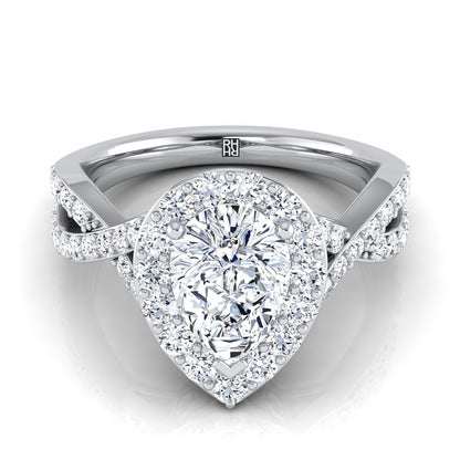 Platinum Pear Shape Center Twisted Open Lattice Diamond Halo Engagement Ring -3/4ctw