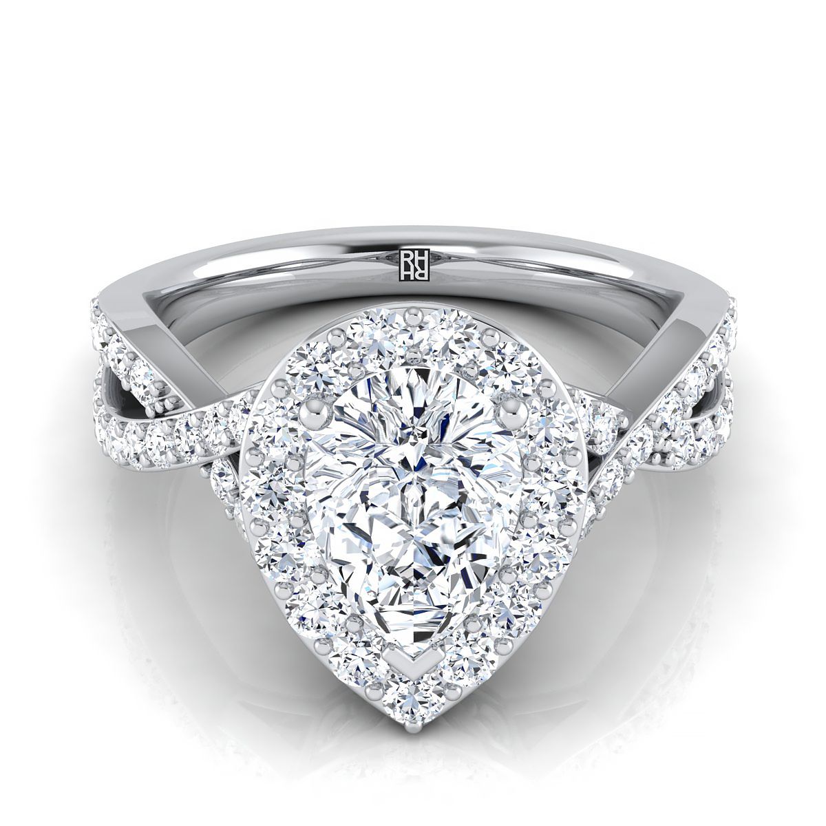 18K White Gold Pear Shape Center Twisted Open Lattice Diamond Halo Engagement Ring -3/4ctw