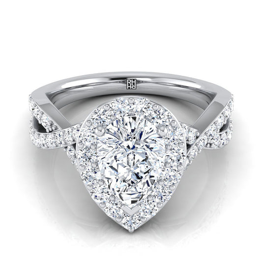 14K White Gold Pear Shape Center Twisted Open Lattice Diamond Halo Engagement Ring -3/4ctw