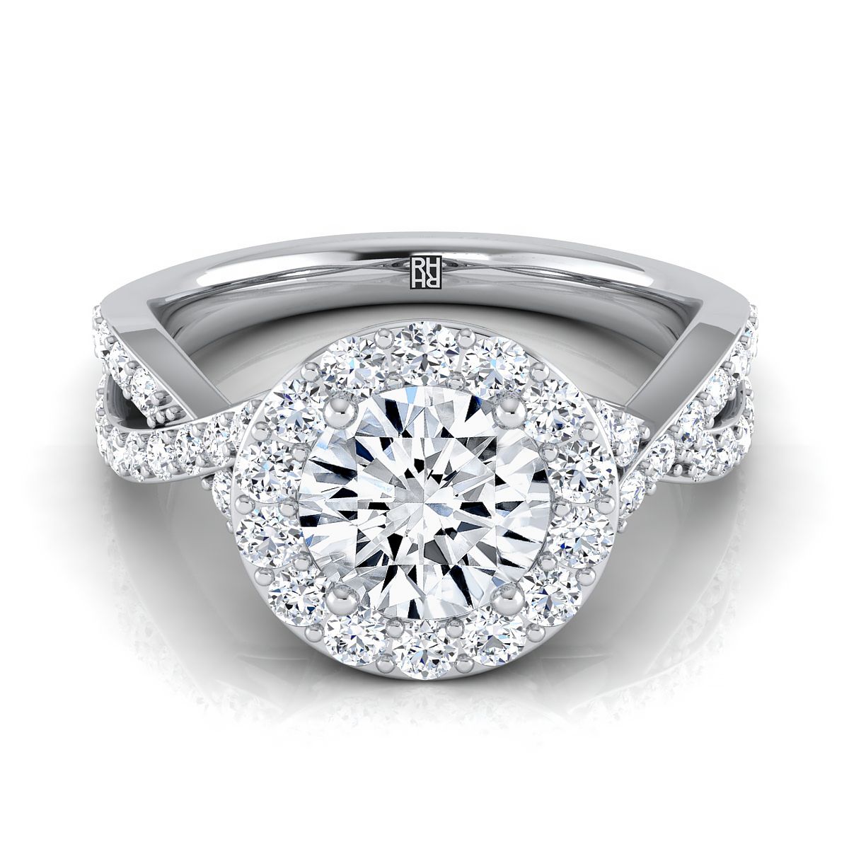 Platinum Round Brilliant Twisted Open Lattice Diamond Halo Engagement Ring -3/4ctw