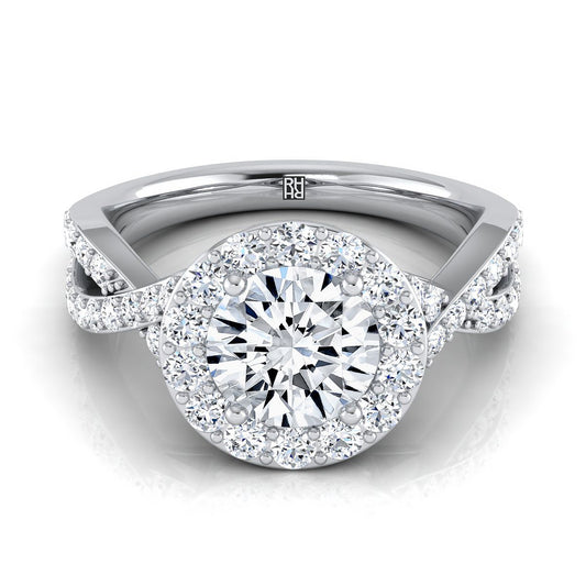 18K White Gold Round Brilliant Twisted Open Lattice Diamond Halo Engagement Ring -3/4ctw