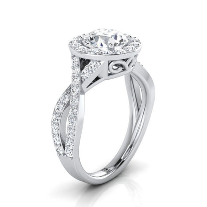18K White Gold Round Brilliant Twisted Open Lattice Diamond Halo Engagement Ring -3/4ctw
