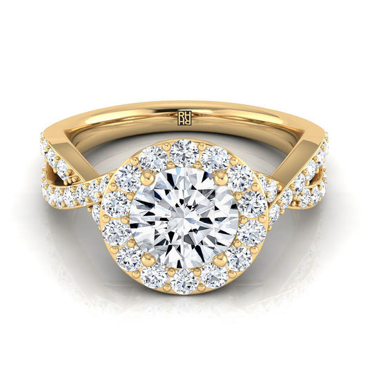 18K Yellow Gold Round Brilliant Twisted Open Lattice Diamond Halo Engagement Ring -3/4ctw
