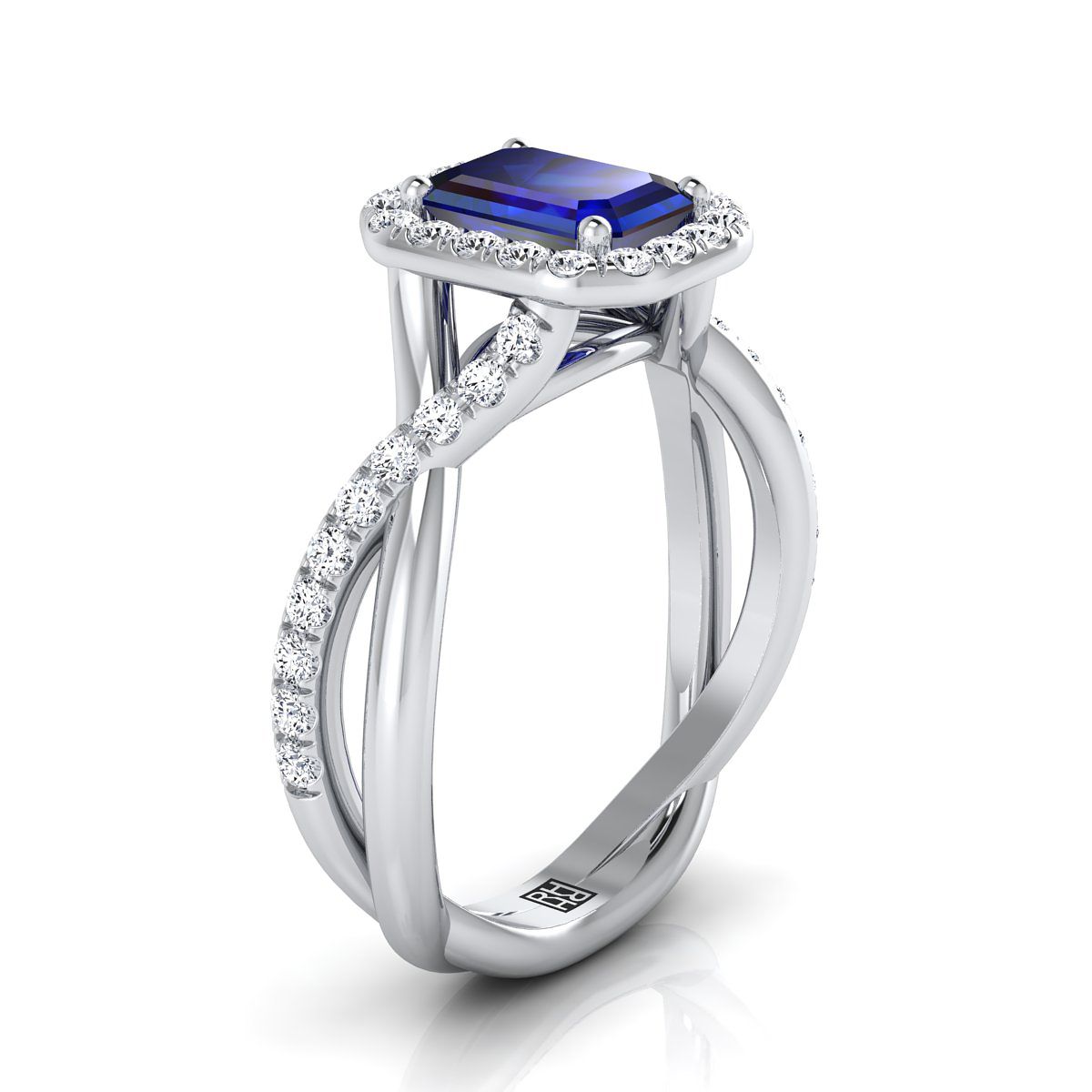 18K White Gold Emerald Cut Sapphire Twisted Vine Diamond Halo Engagement Ring -1/2ctw