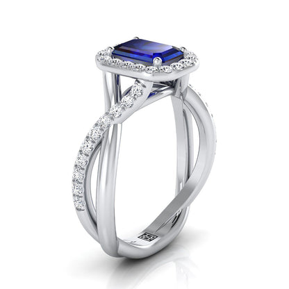Platinum Emerald Cut Sapphire Twisted Vine Diamond Halo Engagement Ring -1/2ctw