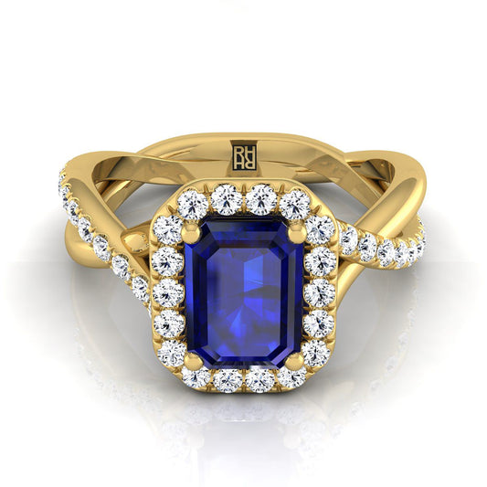 18K Yellow Gold Emerald Cut Sapphire Twisted Vine Diamond Halo Engagement Ring -1/2ctw