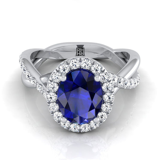 18K White Gold Oval Sapphire Twisted Vine Diamond Halo Engagement Ring -1/2ctw