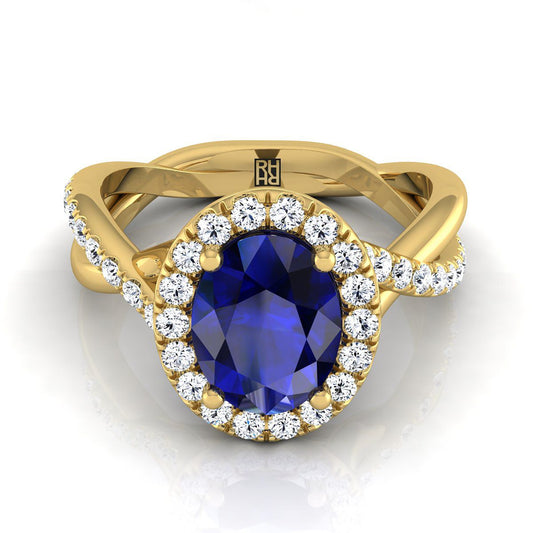 18K Yellow Gold Oval Sapphire Twisted Vine Diamond Halo Engagement Ring -1/2ctw