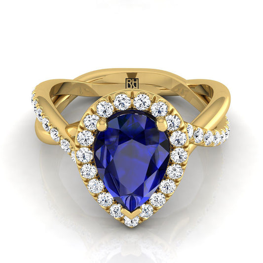 18K Yellow Gold Pear Shape Center Sapphire Twisted Vine Diamond Halo Engagement Ring -1/2ctw