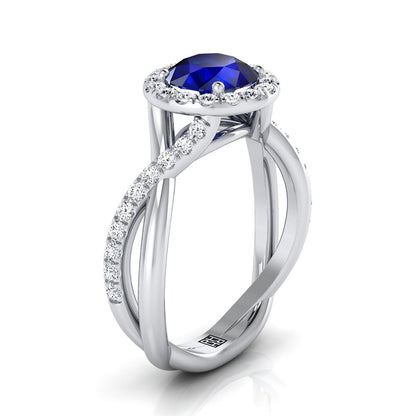 Platinum Round Brilliant Sapphire Twisted Vine Diamond Halo Engagement Ring -1/2ctw