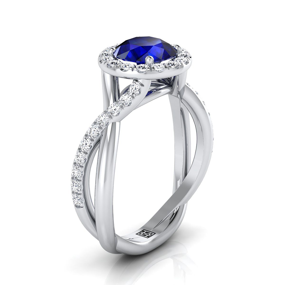 14K White Gold Round Brilliant Sapphire Twisted Vine Diamond Halo Engagement Ring -1/2ctw
