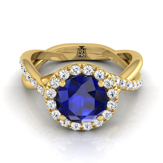 14K Yellow Gold Round Brilliant Sapphire Twisted Vine Diamond Halo Engagement Ring -1/2ctw
