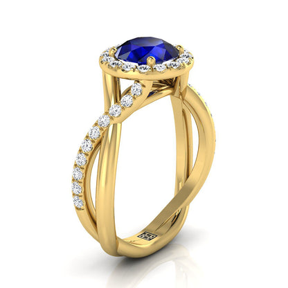 18K Yellow Gold Round Brilliant Sapphire Twisted Vine Diamond Halo Engagement Ring -1/2ctw