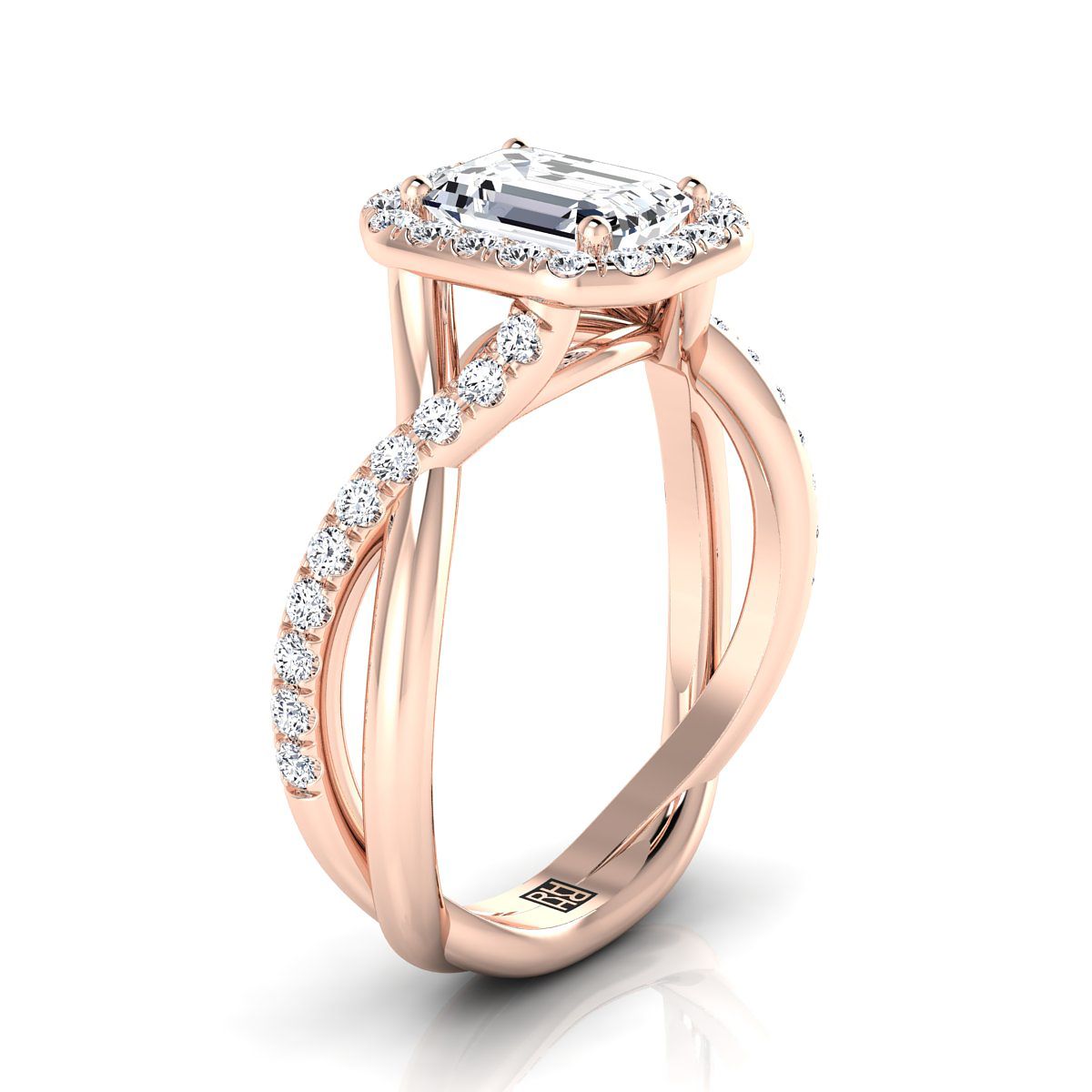 14K Rose Gold Emerald Cut Diamond Twisted Vine Halo Engagement Ring -1/2ctw