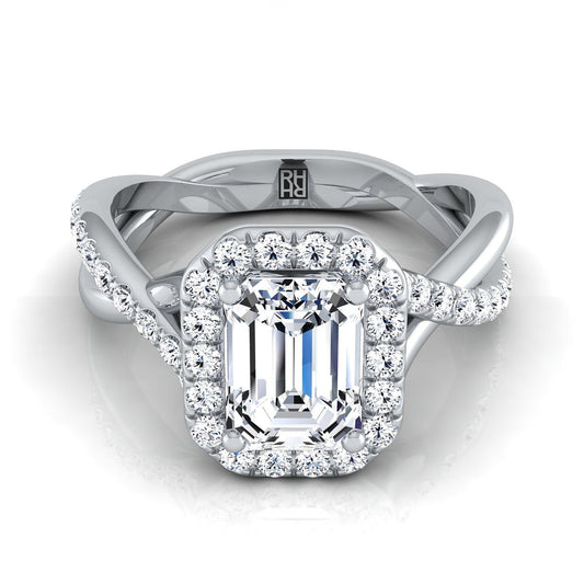 18K White Gold Emerald Cut Diamond Twisted Vine Halo Engagement Ring -1/2ctw