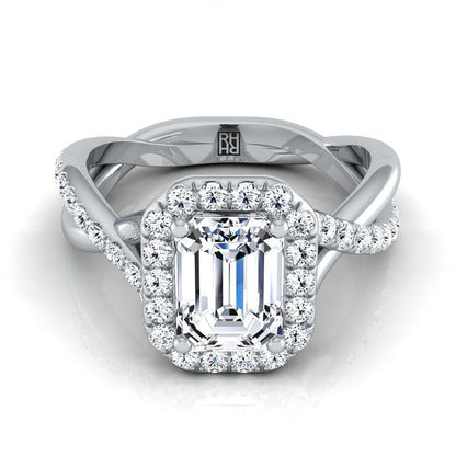 14K White Gold Emerald Cut Diamond Twisted Vine Halo Engagement Ring -1/2ctw