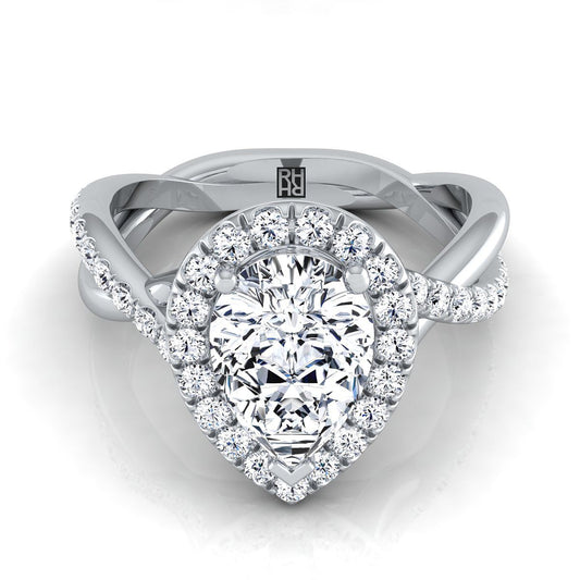 14K White Gold Pear Shape Center Diamond Twisted Vine Halo Engagement Ring -1/2ctw