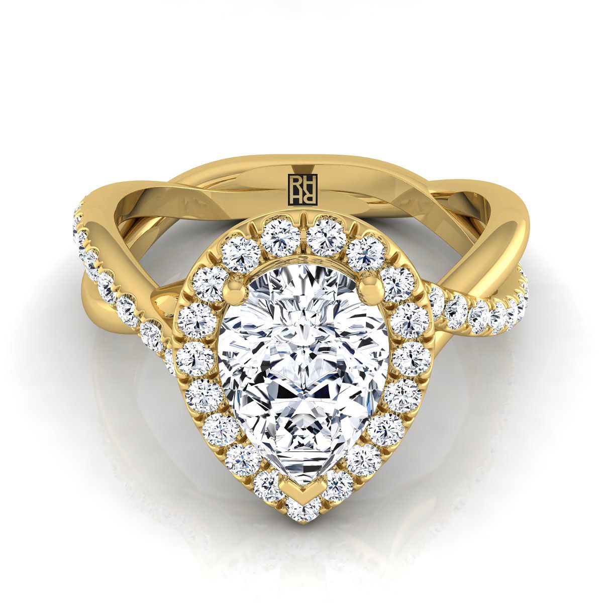 14K Yellow Gold Pear Shape Center Diamond Twisted Vine Halo Engagement Ring -1/2ctw