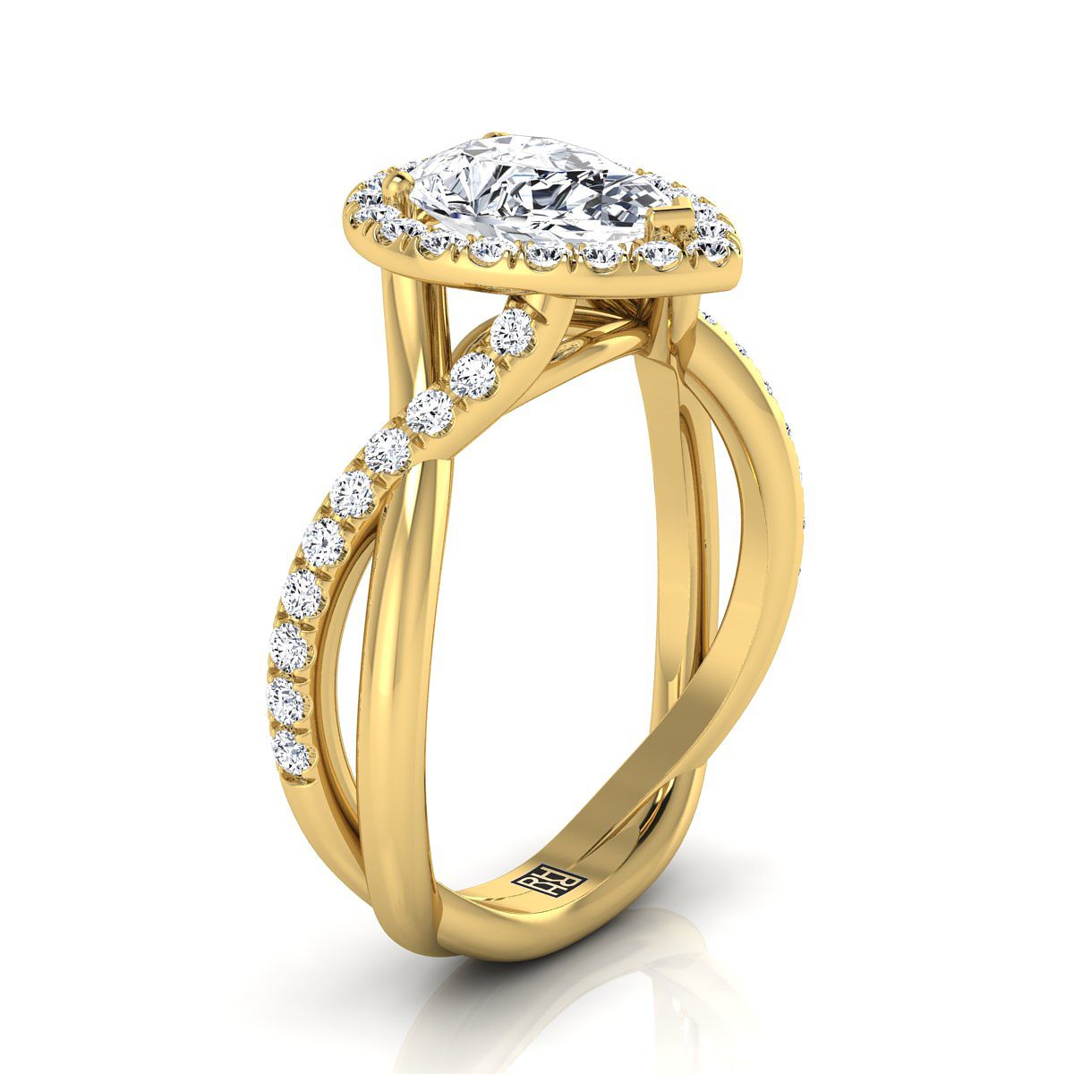14K Yellow Gold Pear Shape Center Diamond Twisted Vine Halo Engagement Ring -1/2ctw