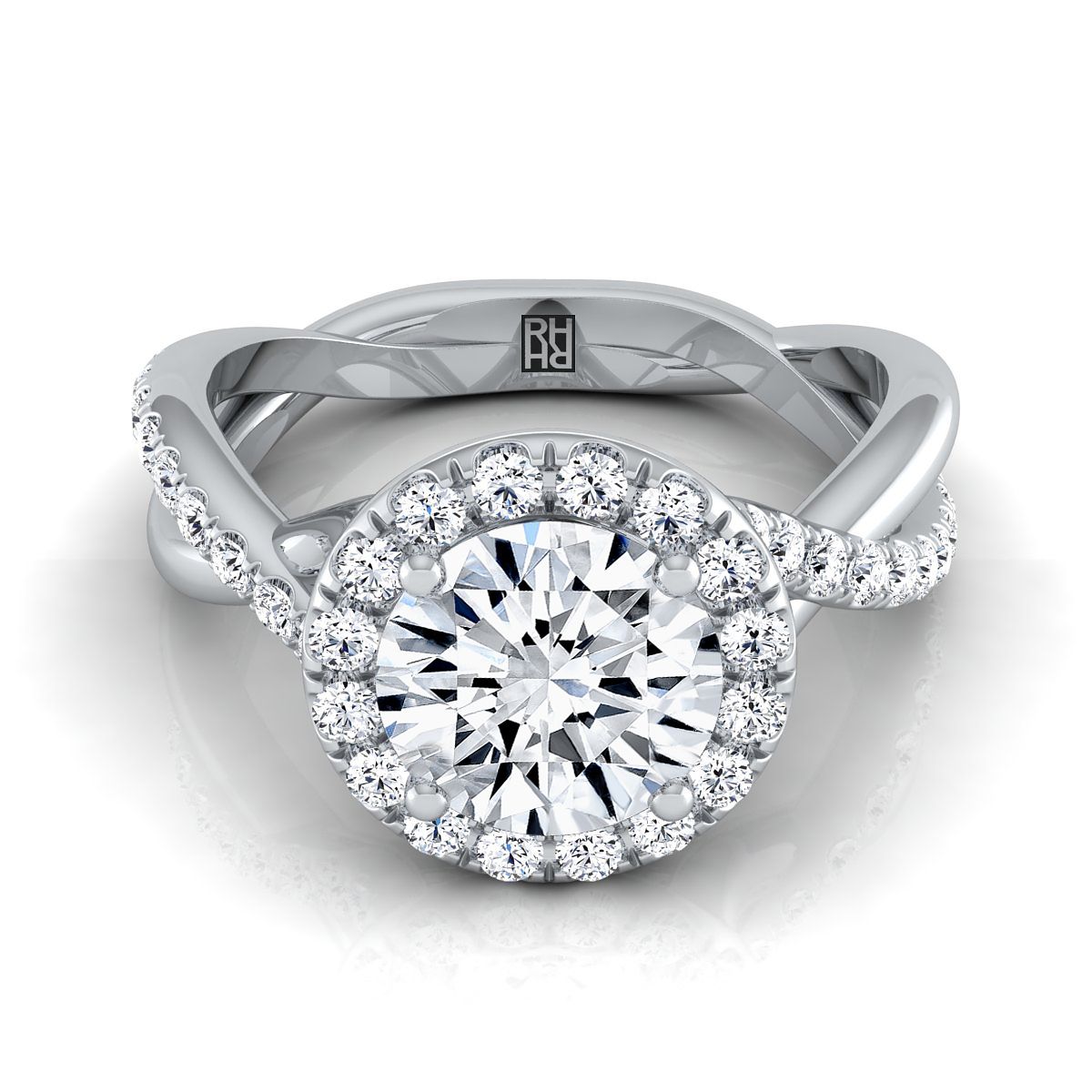 18K White Gold Round Brilliant Diamond Twisted Vine Halo Engagement Ring -1/2ctw