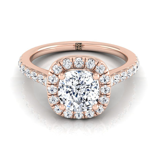 14K Rose Gold Cushion Diamond Classic Pave Halo Cathedral Style Engagement Ring -1/2ctw