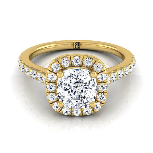 18K Yellow Gold Cushion Diamond Classic Pave Halo Cathedral Style Engagement Ring -1/2ctw