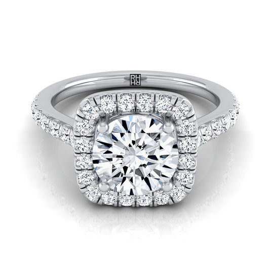 Platinum Round Brilliant Diamond Classic Pave Halo Cathedral Style Engagement Ring -1/2ctw