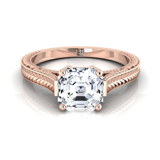 14K Rose Gold Asscher Cut  Hand Engraved Vintage Cathedral Style Solitaire Engagement Ring