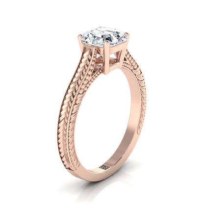 14K Rose Gold Asscher Cut  Hand Engraved Vintage Cathedral Style Solitaire Engagement Ring