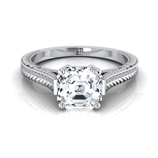 Platinum Asscher Cut  Hand Engraved Vintage Cathedral Style Solitaire Engagement Ring
