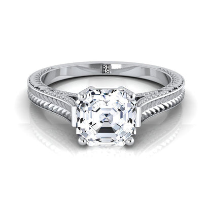18K White Gold Asscher Cut  Hand Engraved Vintage Cathedral Style Solitaire Engagement Ring