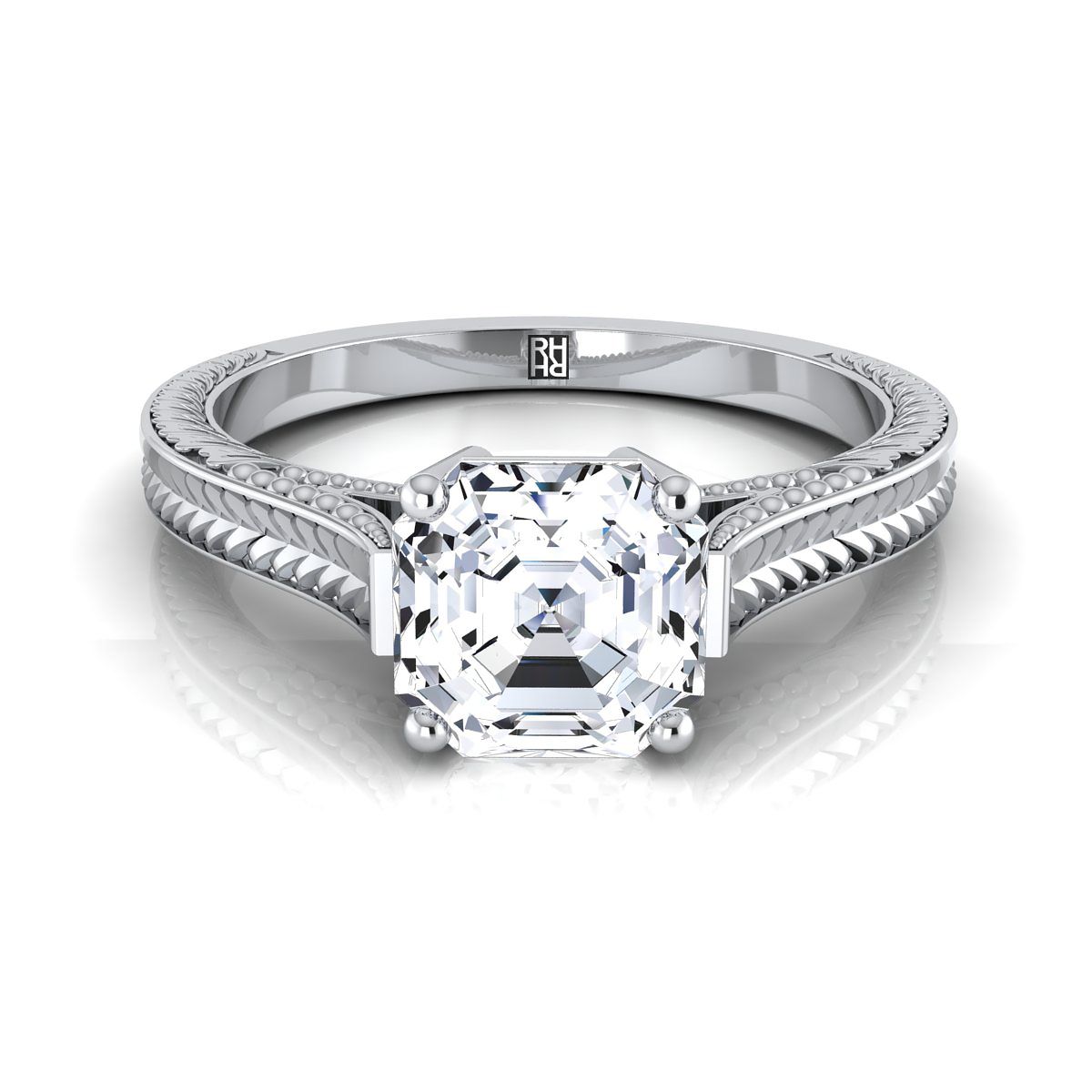 14K White Gold Asscher Cut  Hand Engraved Vintage Cathedral Style Solitaire Engagement Ring