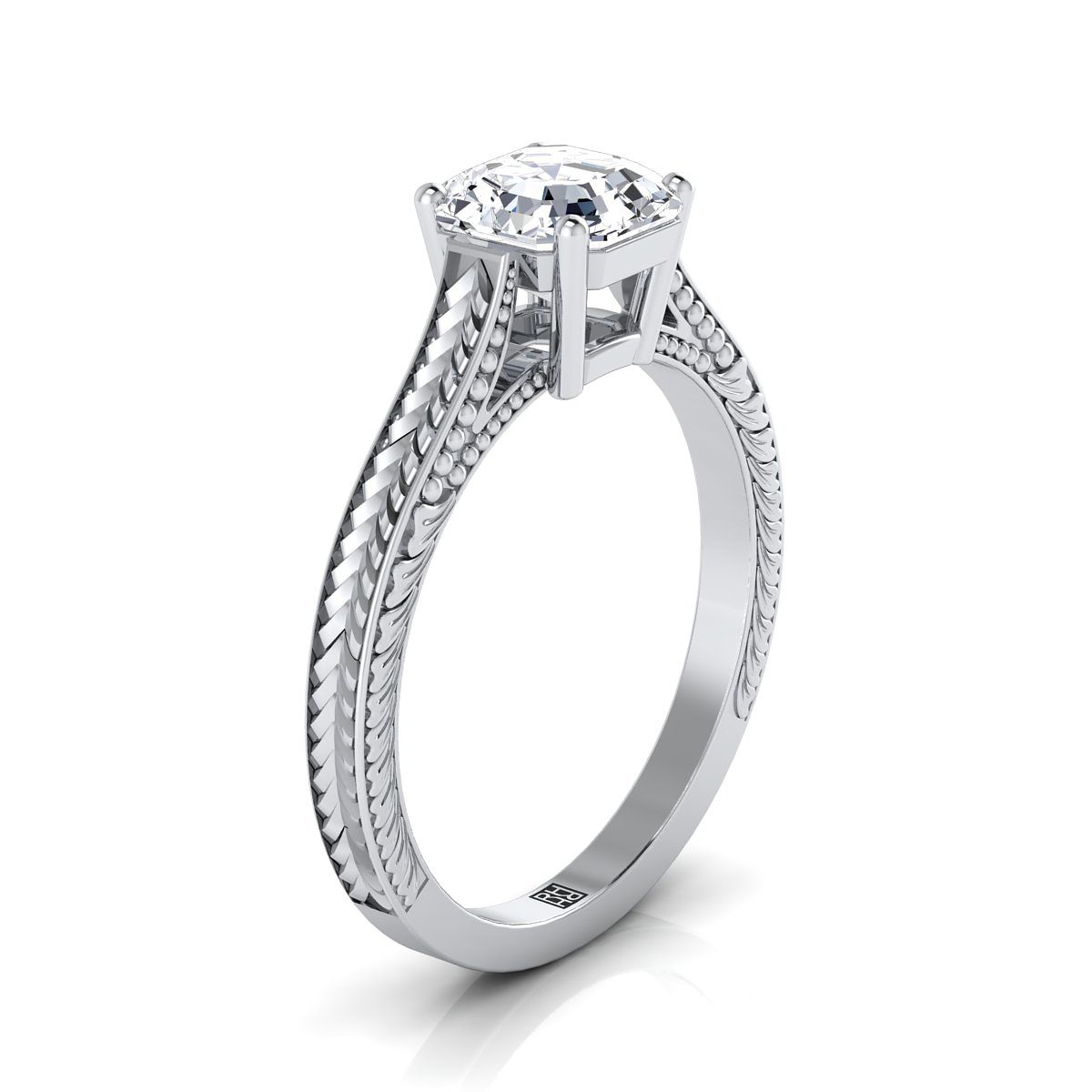 18K White Gold Asscher Cut  Hand Engraved Vintage Cathedral Style Solitaire Engagement Ring