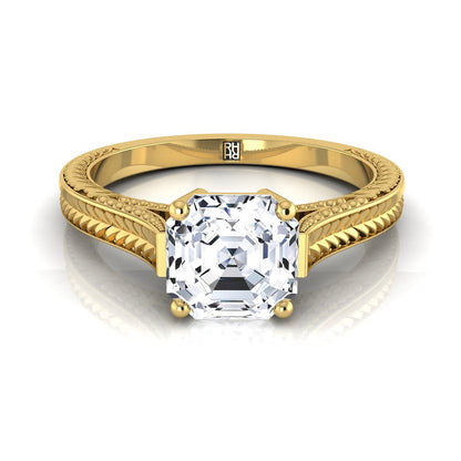 18K Yellow Gold Asscher Cut  Hand Engraved Vintage Cathedral Style Solitaire Engagement Ring