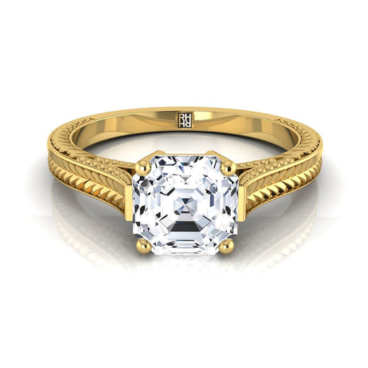 14K Yellow Gold Asscher Cut  Hand Engraved Vintage Cathedral Style Solitaire Engagement Ring