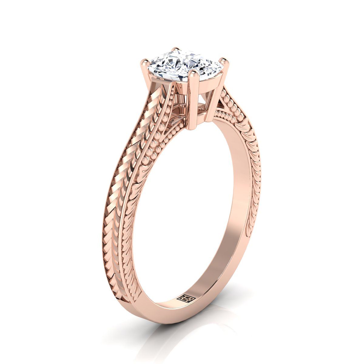 14K Rose Gold Cushion  Hand Engraved Vintage Cathedral Style Solitaire Engagement Ring