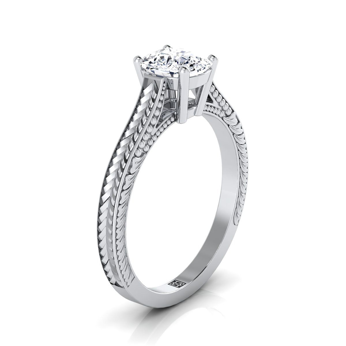 18K White Gold Cushion  Hand Engraved Vintage Cathedral Style Solitaire Engagement Ring