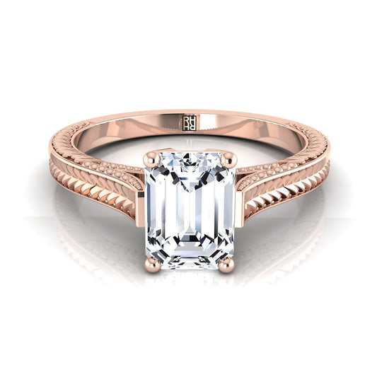 14K Rose Gold Emerald Cut  Hand Engraved Vintage Cathedral Style Solitaire Engagement Ring