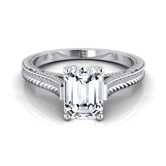 14K White Gold Emerald Cut  Hand Engraved Vintage Cathedral Style Solitaire Engagement Ring