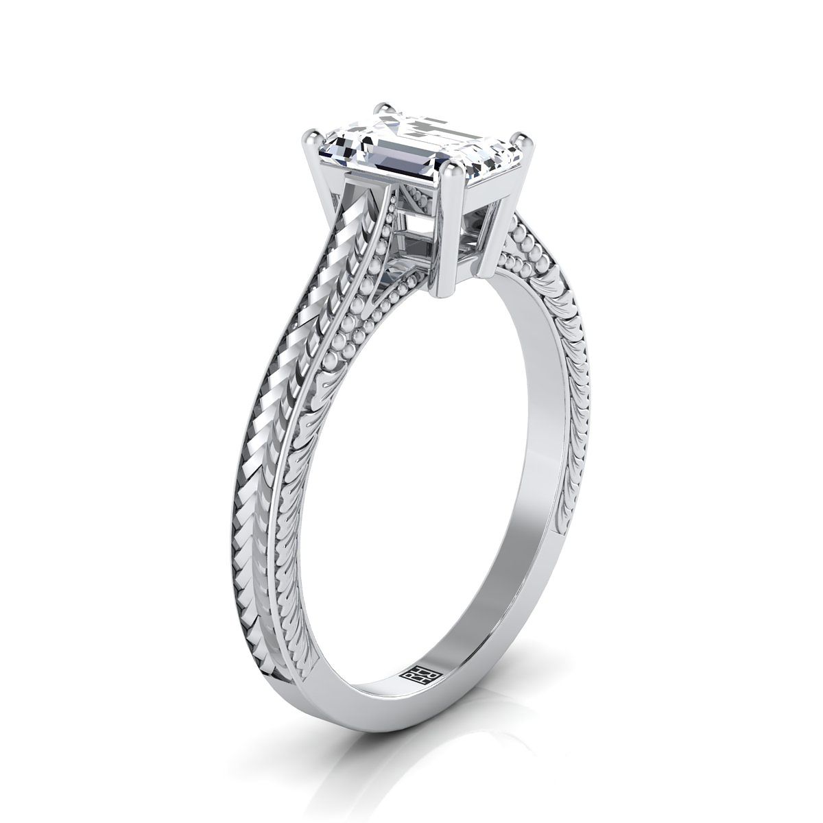 18K White Gold Emerald Cut  Hand Engraved Vintage Cathedral Style Solitaire Engagement Ring
