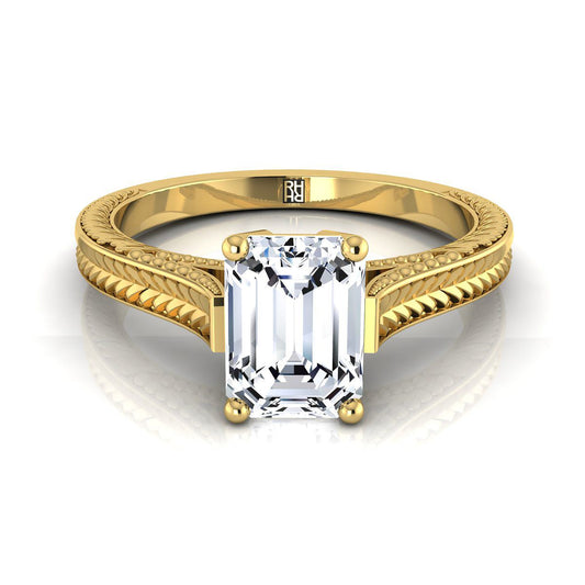 18K Yellow Gold Emerald Cut  Hand Engraved Vintage Cathedral Style Solitaire Engagement Ring
