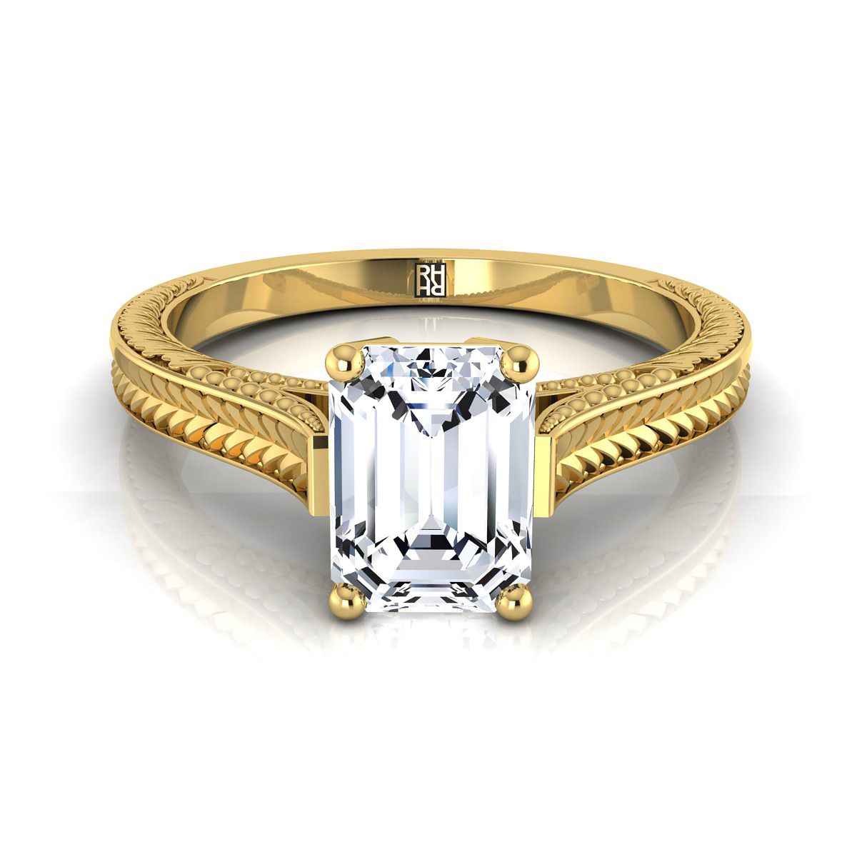 14K Yellow Gold Emerald Cut  Hand Engraved Vintage Cathedral Style Solitaire Engagement Ring