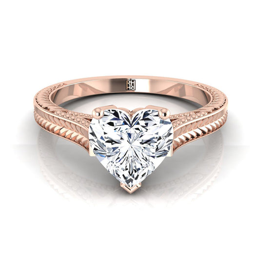 14K Rose Gold Heart Shape Center  Hand Engraved Vintage Cathedral Style Solitaire Engagement Ring