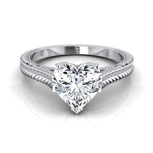 18K White Gold Heart Shape Center  Hand Engraved Vintage Cathedral Style Solitaire Engagement Ring