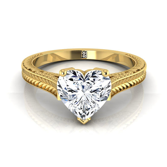 14K Yellow Gold Heart Shape Center  Hand Engraved Vintage Cathedral Style Solitaire Engagement Ring